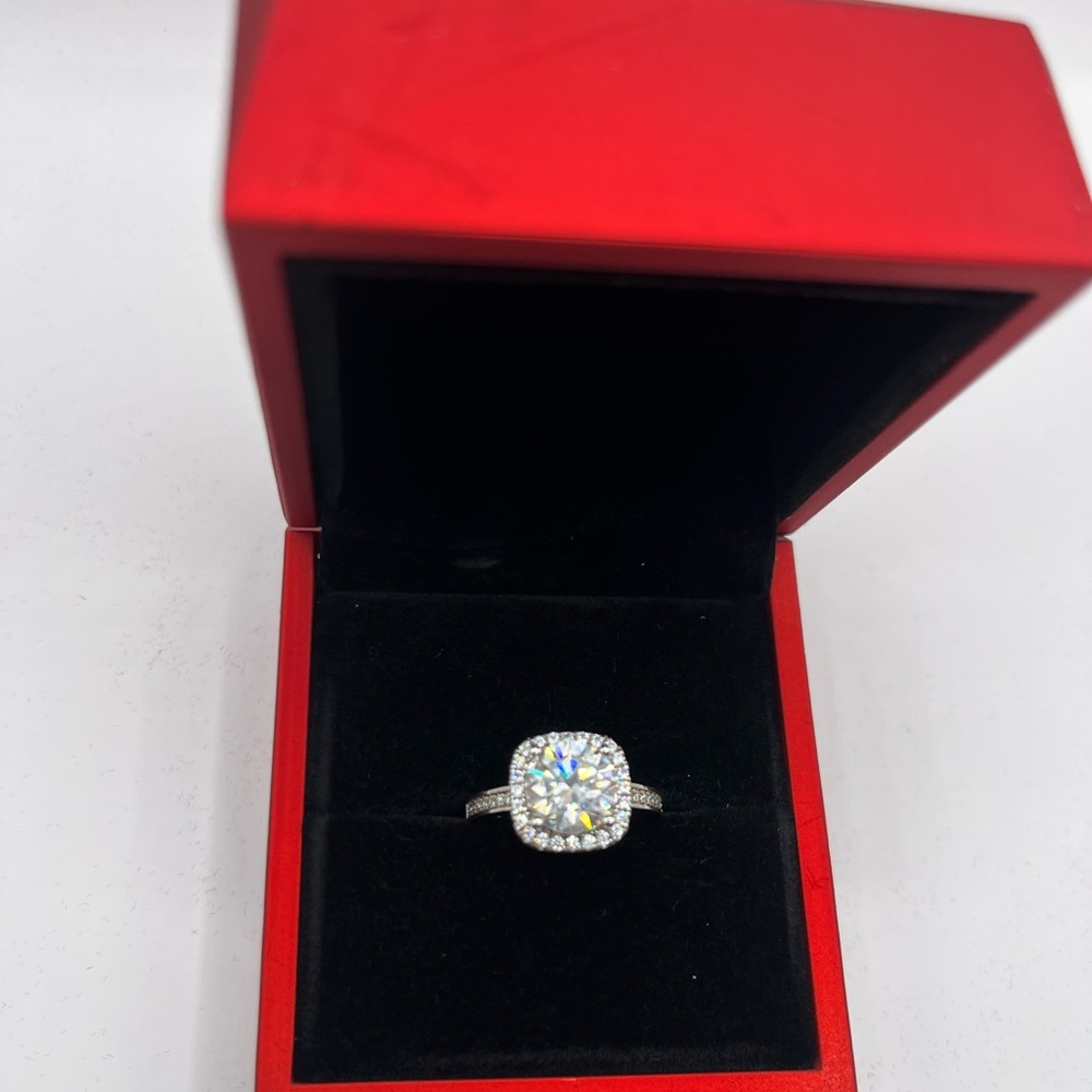 Certified moissanite 2ct halo ring in sterling silver.